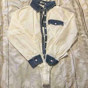 Chic White Bodysuit with Denim Details